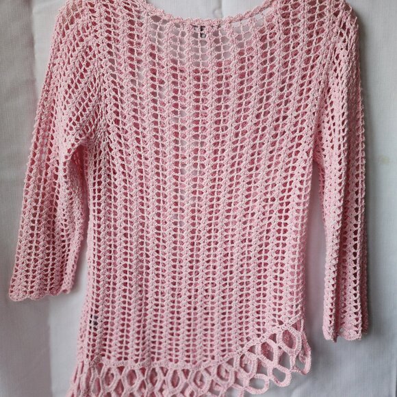 NY Collection Crochet Sweater Boho-chic Asymmetrical Circular Soft blush pink M. - Picture 3 of 7